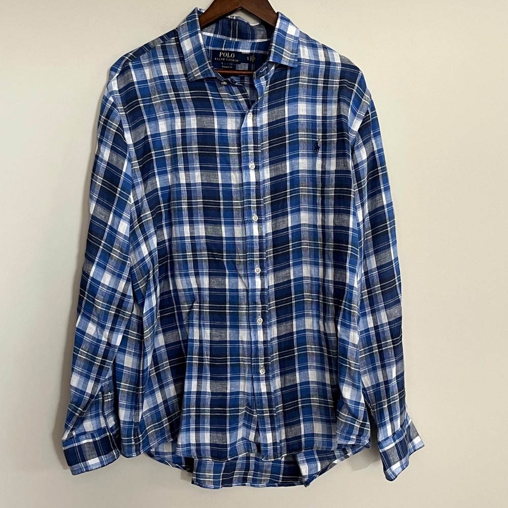Polo Ralph Lauren Men's XL Blue Plaid 100% Linen Classic Fit Button Down Shirt